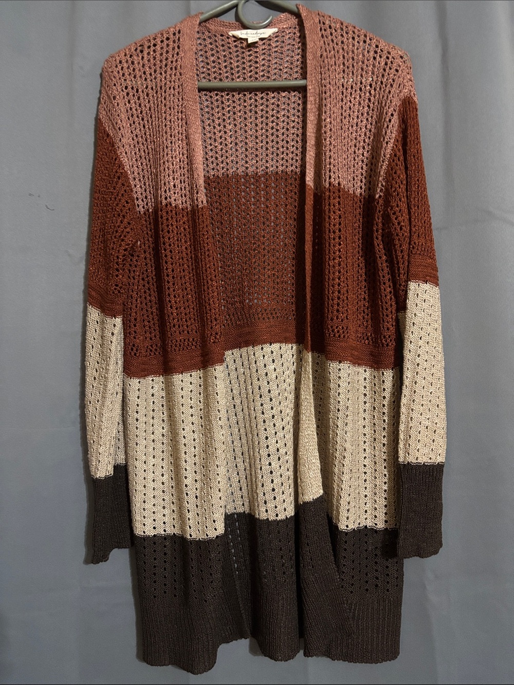 Open-Front Colorblock Knit Cardigan in Rust, Cream & Brown